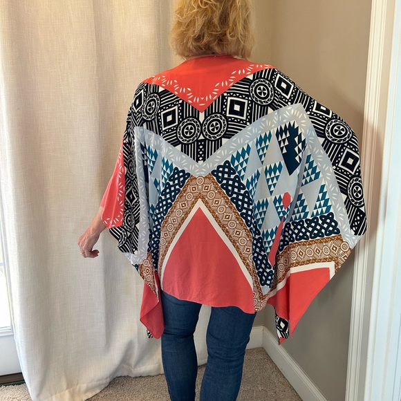 Matison Stone Silk Kimono, Open Front in Orange Teal Black Grey Rust - Picture 12 of 12